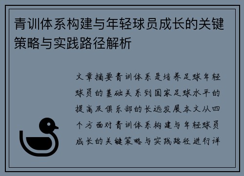青训体系构建与年轻球员成长的关键策略与实践路径解析