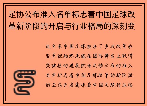足协公布准入名单标志着中国足球改革新阶段的开启与行业格局的深刻变动