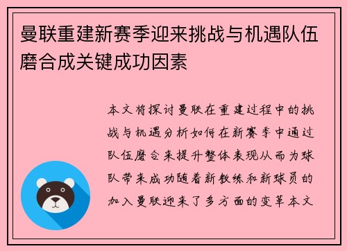 曼联重建新赛季迎来挑战与机遇队伍磨合成关键成功因素